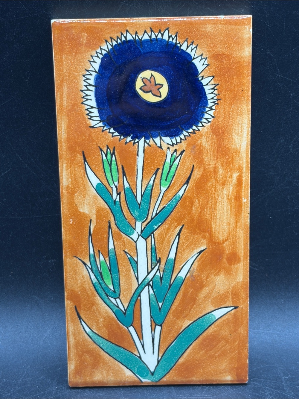 Jerusalem Pottery Vintage Hand Painted Floral Flower Motif Ceramic Tile Wall Art